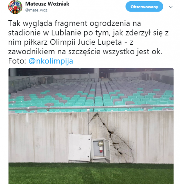 Ściana na stadionie Olimpii po UDERZENIU w nią piłkarza